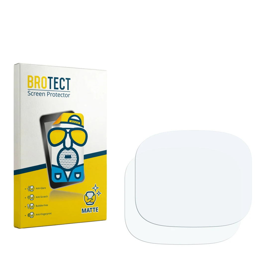 Parte frontal de un envase de producto con el logotipo de la marca BROTECT. Al lado está el protector de pantalla correspondie