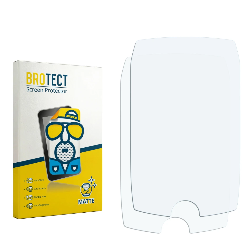 Parte frontal de un envase de producto con el logotipo de la marca BROTECT. Al lado está el protector de pantalla correspondie