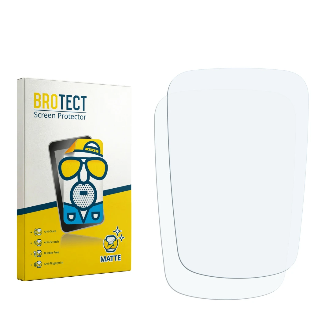 Parte frontal de un envase de producto con el logotipo de la marca BROTECT. Al lado está el protector de pantalla correspondie