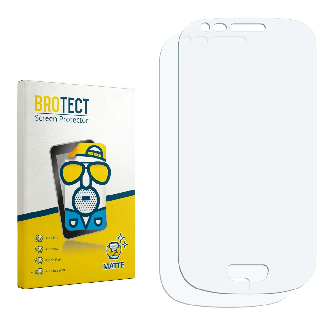Parte frontal de un envase de producto con el logotipo de la marca BROTECT. Al lado está el protector de pantalla correspondie