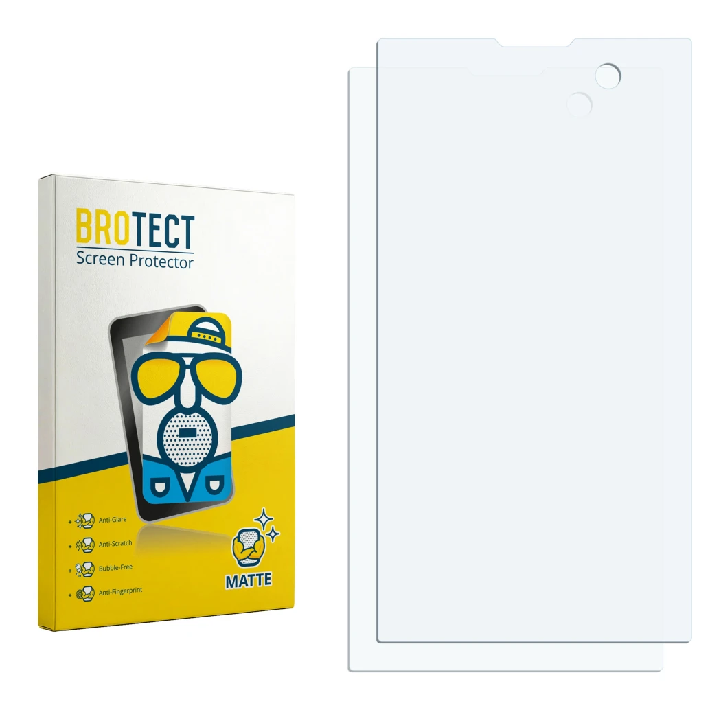 Parte frontal de un envase de producto con el logotipo de la marca BROTECT. Al lado está el protector de pantalla correspondie