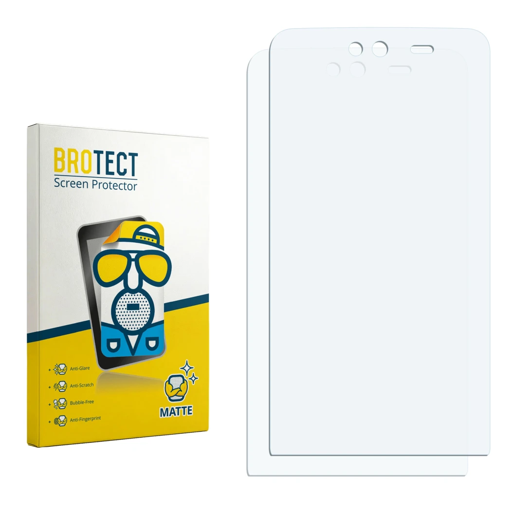 Parte frontal de un envase de producto con el logotipo de la marca BROTECT. Al lado está el protector de pantalla correspondie