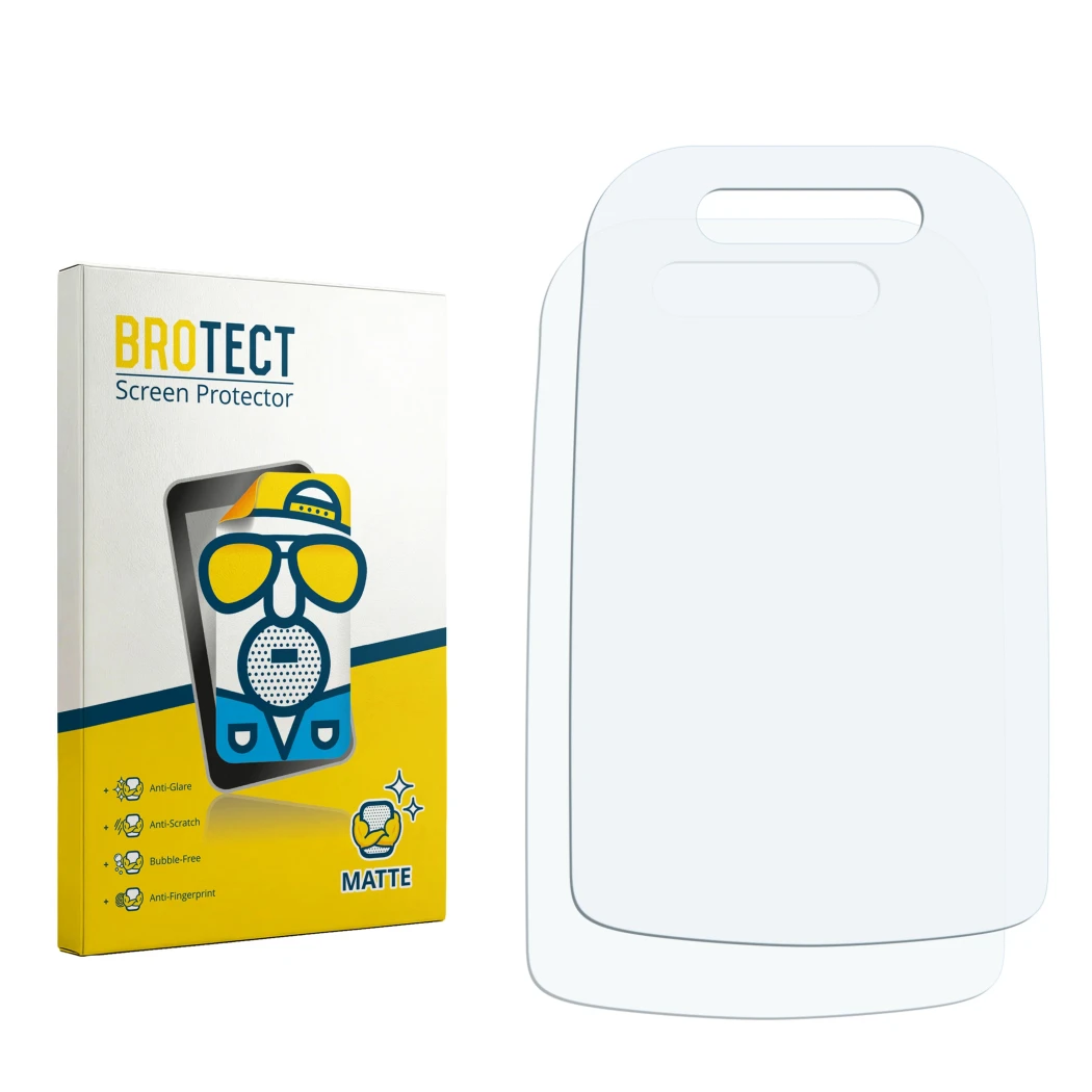 Parte frontal de un envase de producto con el logotipo de la marca BROTECT. Al lado está el protector de pantalla correspondie