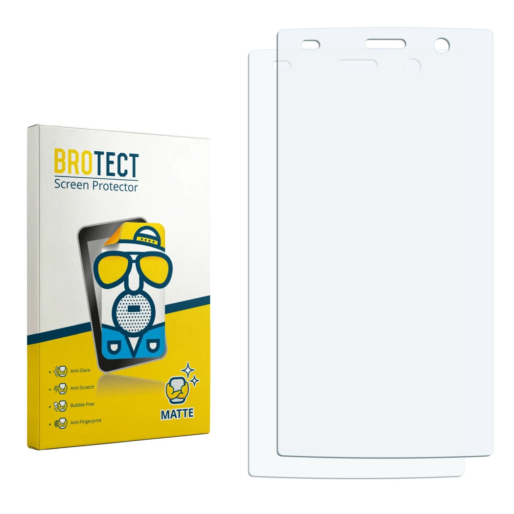 Parte frontal de un envase de producto con el logotipo de la marca BROTECT. Al lado está el protector de pantalla correspondie