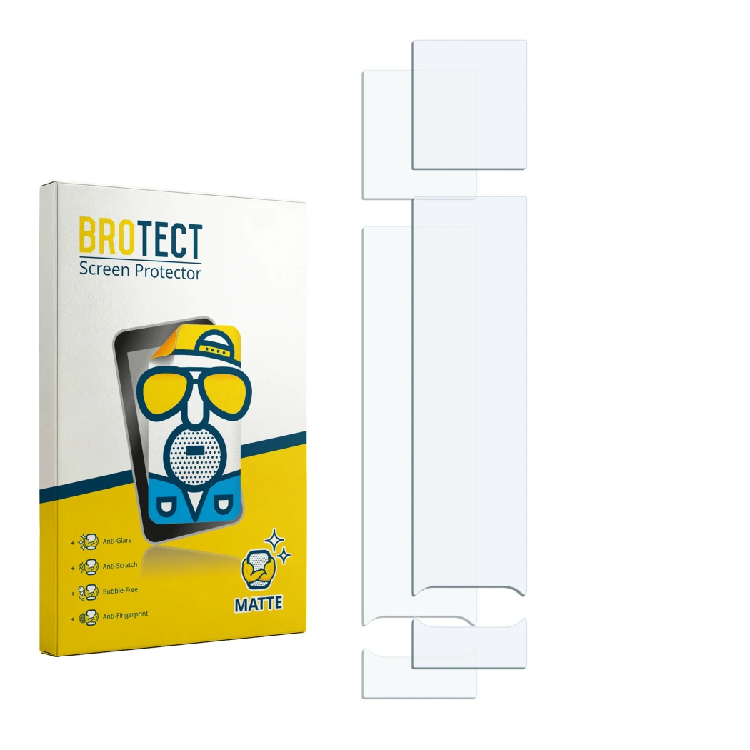 Parte frontal de un envase de producto con el logotipo de la marca BROTECT. Al lado está el protector de pantalla correspondie