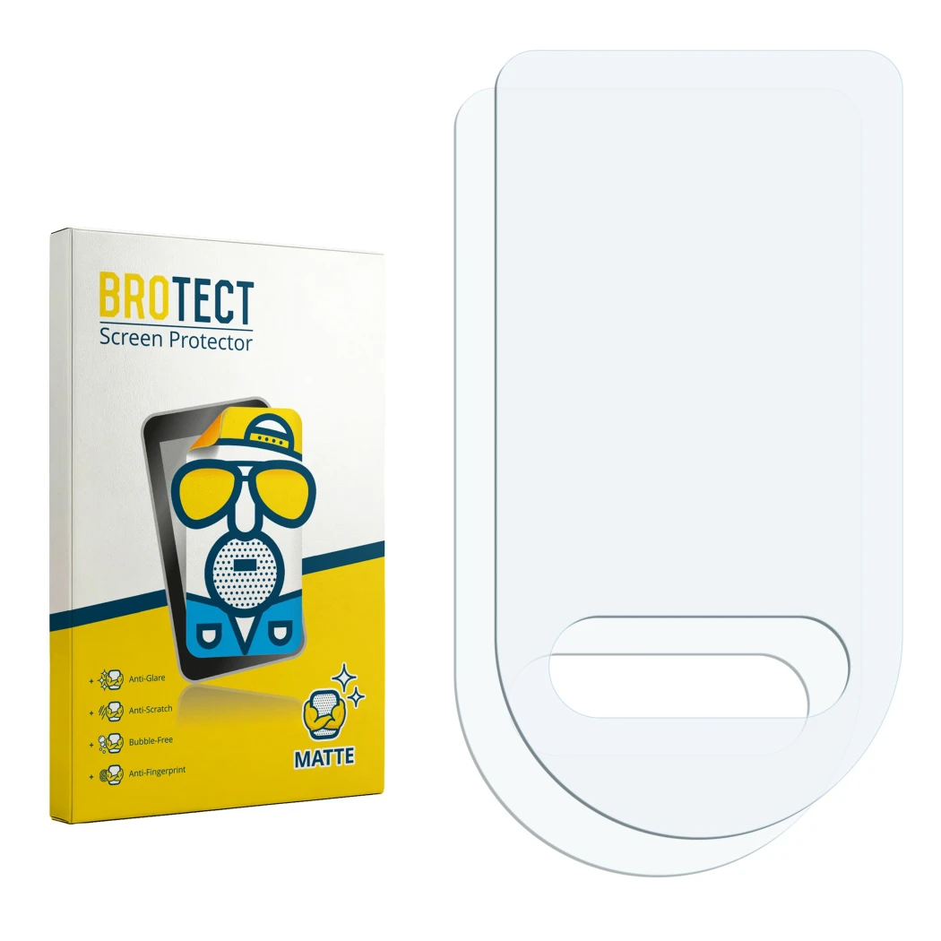 Parte frontal de un envase de producto con el logotipo de la marca BROTECT. Al lado está el protector de pantalla correspondie