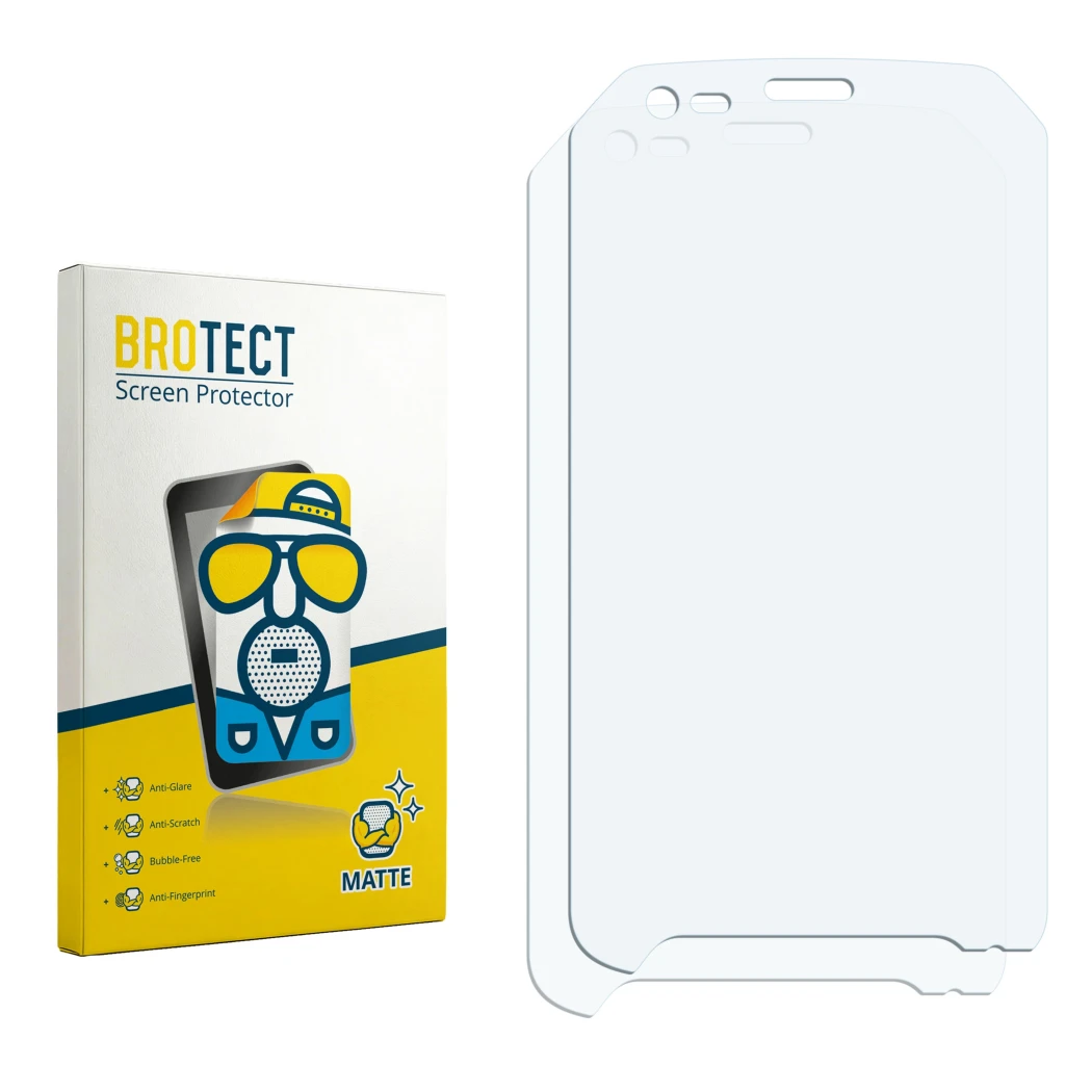 Parte frontal de un envase de producto con el logotipo de la marca BROTECT. Al lado está el protector de pantalla correspondie
