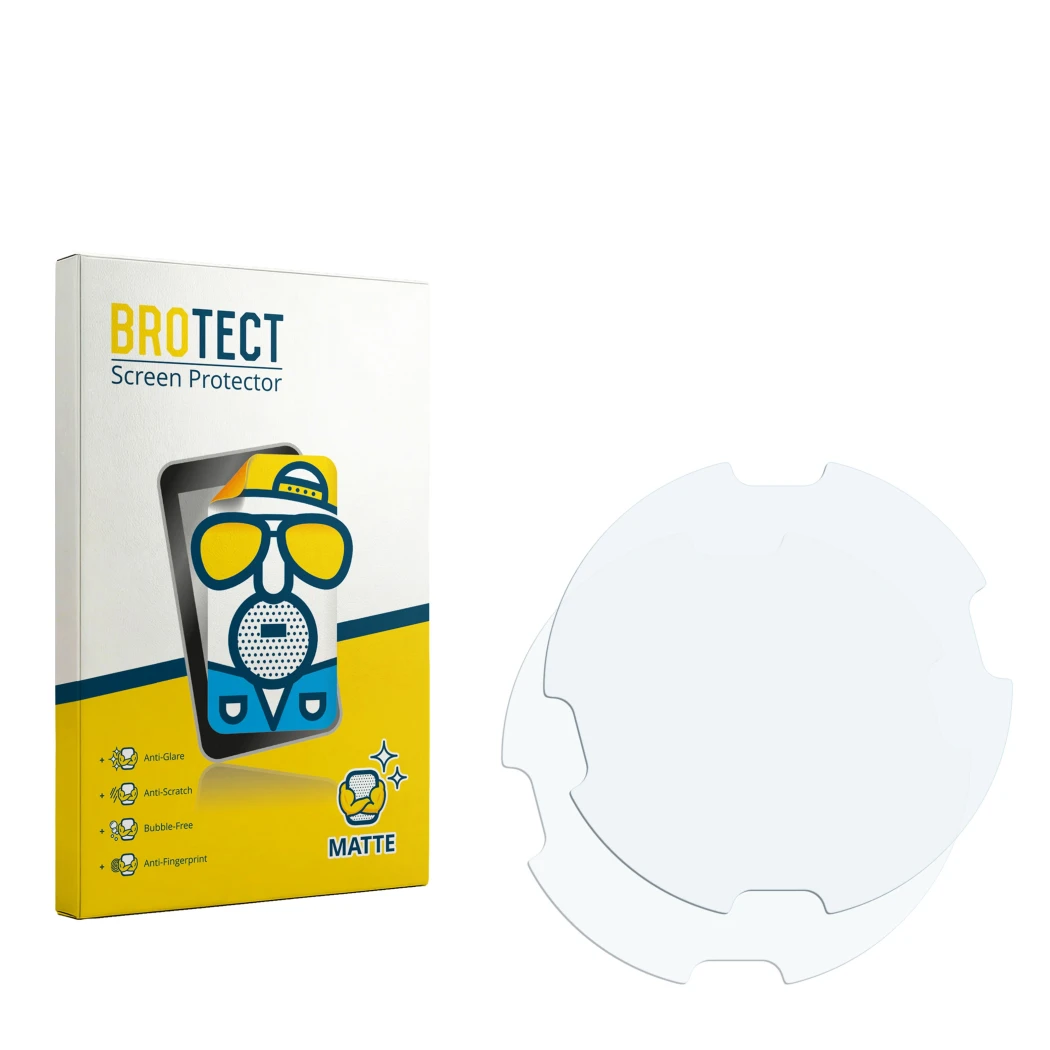 Parte frontal de un envase de producto con el logotipo de la marca BROTECT. Al lado está el protector de pantalla correspondie