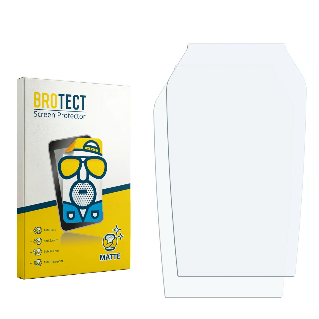 Parte frontal de un envase de producto con el logotipo de la marca BROTECT. Al lado está el protector de pantalla correspondie