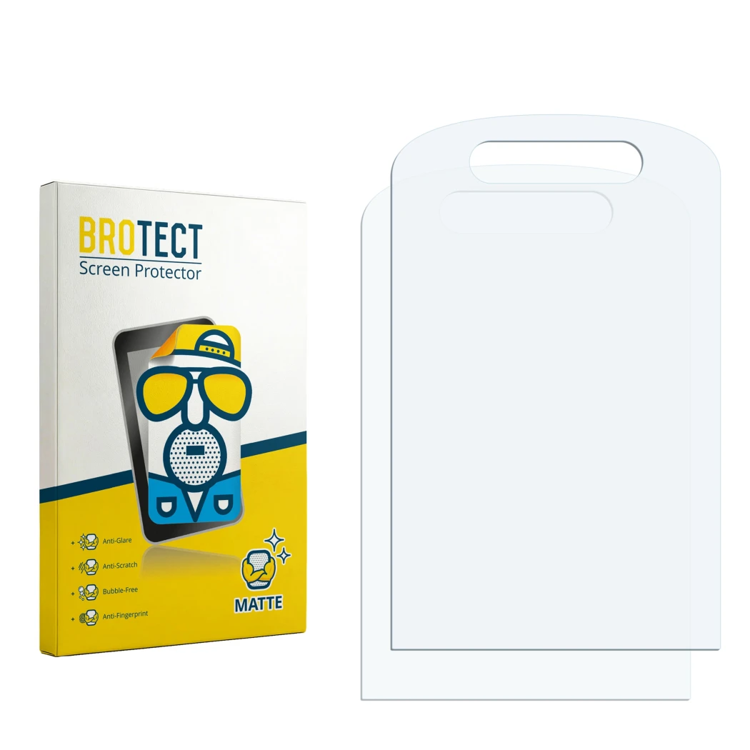 Parte frontal de un envase de producto con el logotipo de la marca BROTECT. Al lado está el protector de pantalla correspondie
