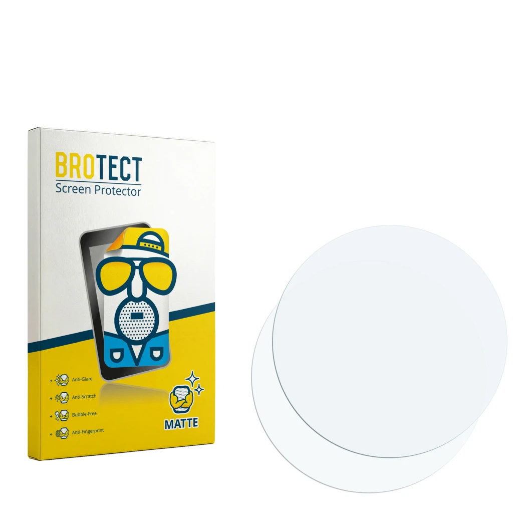 Parte frontal de un envase de producto con el logotipo de la marca BROTECT. Al lado está el protector de pantalla correspondie