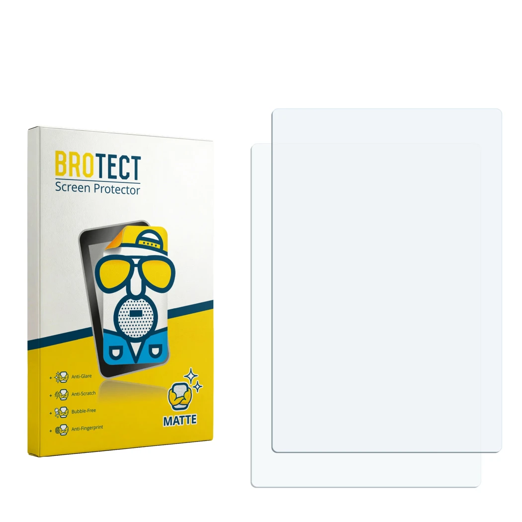 Parte frontal de un envase de producto con el logotipo de la marca BROTECT. Al lado está el protector de pantalla correspondie