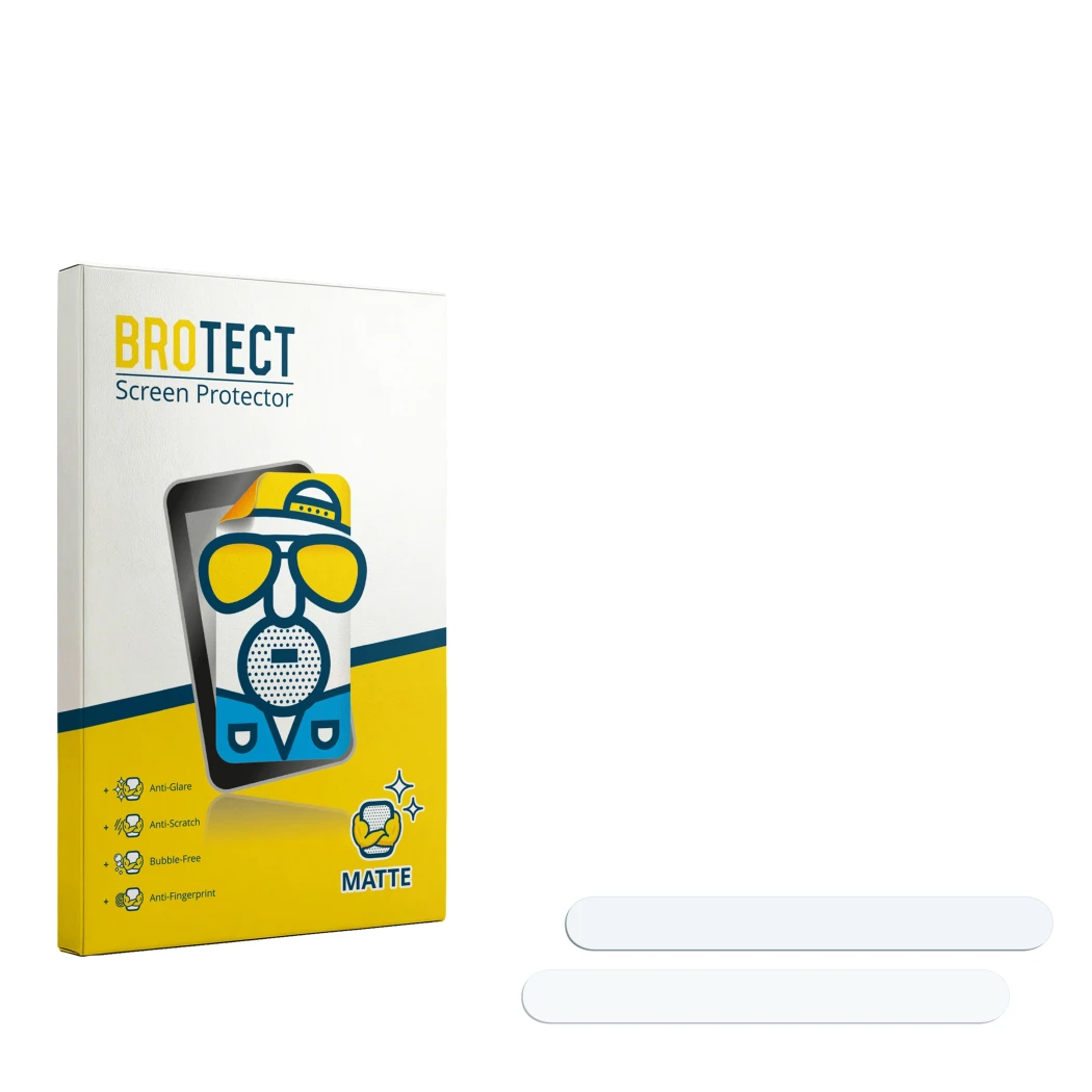 Parte frontal de un envase de producto con el logotipo de la marca BROTECT. Al lado está el protector de pantalla correspondie