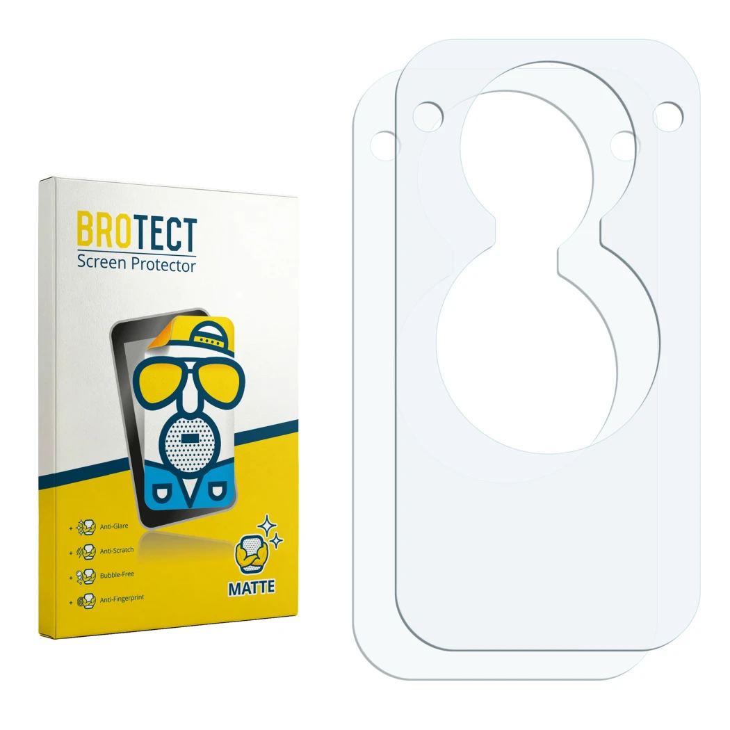 Parte frontal de un envase de producto con el logotipo de la marca BROTECT. Al lado está el protector de pantalla correspondie