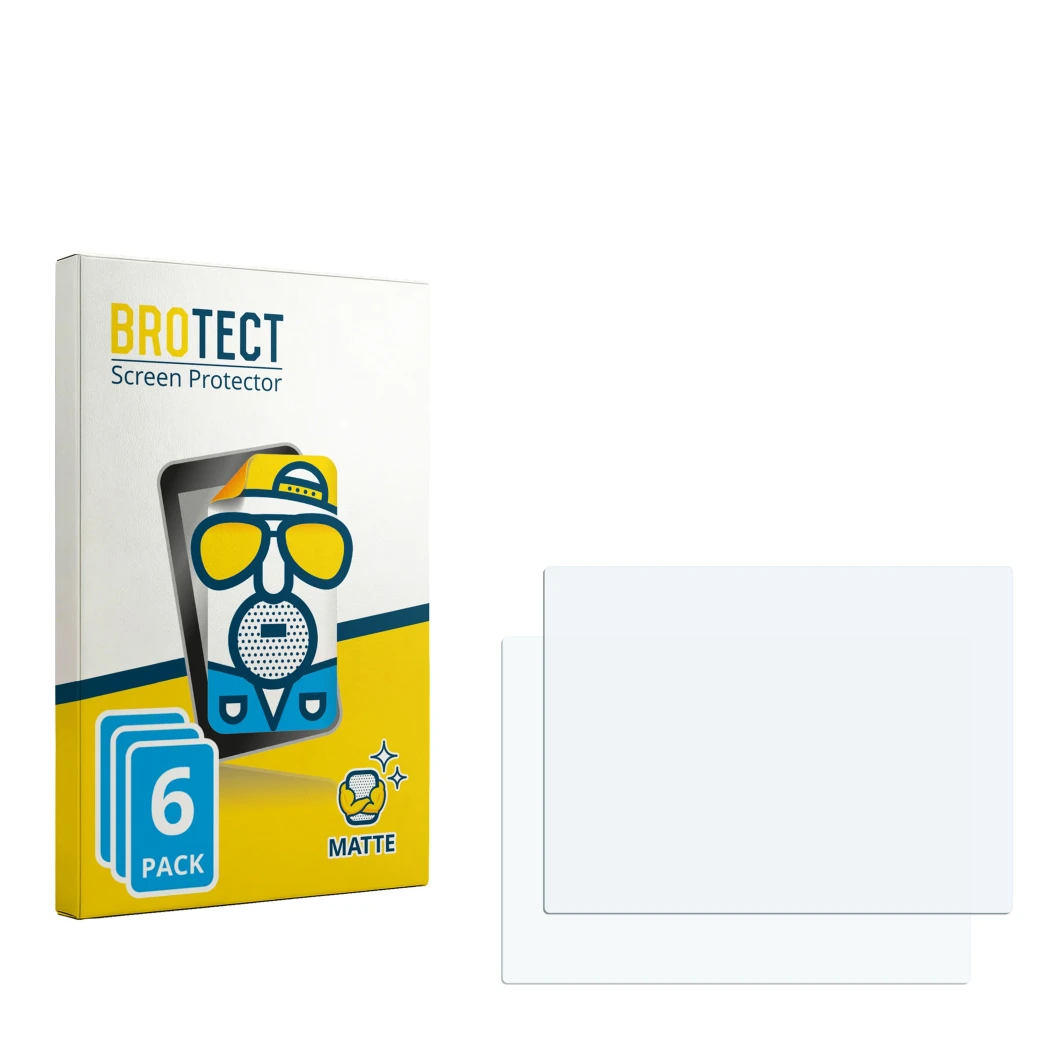 Parte frontal de un envase de producto con el logotipo de la marca BROTECT. Al lado está el protector de pantalla correspondie