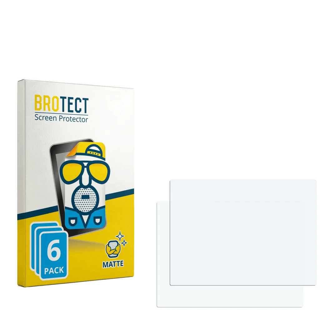 Parte frontal de un envase de producto con el logotipo de la marca BROTECT. Al lado está el protector de pantalla correspondie