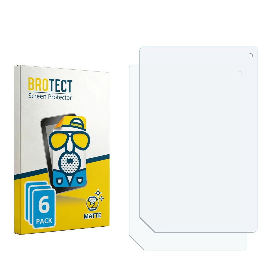 Parte frontal de un envase de producto con el logotipo de la marca BROTECT. Al lado está el protector de pantalla correspondie