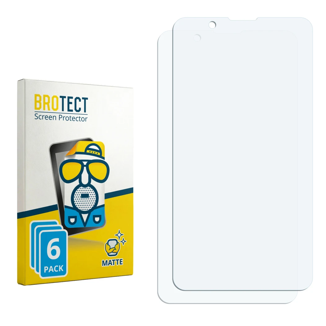 Parte frontal de un envase de producto con el logotipo de la marca BROTECT. Al lado está el protector de pantalla correspondie