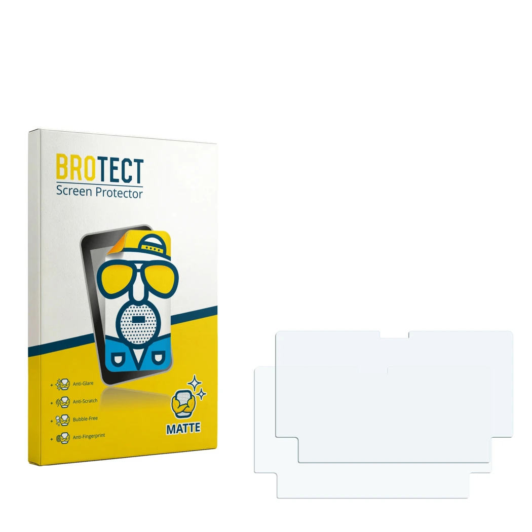 Parte frontal de un envase de producto con el logotipo de la marca BROTECT. Al lado está el protector de pantalla correspondie
