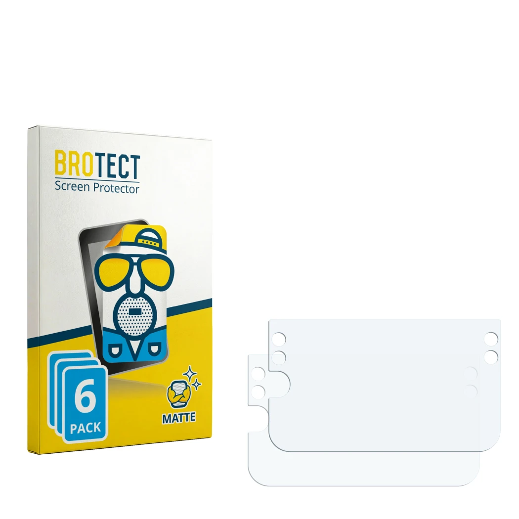 Parte frontal de un envase de producto con el logotipo de la marca BROTECT. Al lado está el protector de pantalla correspondie