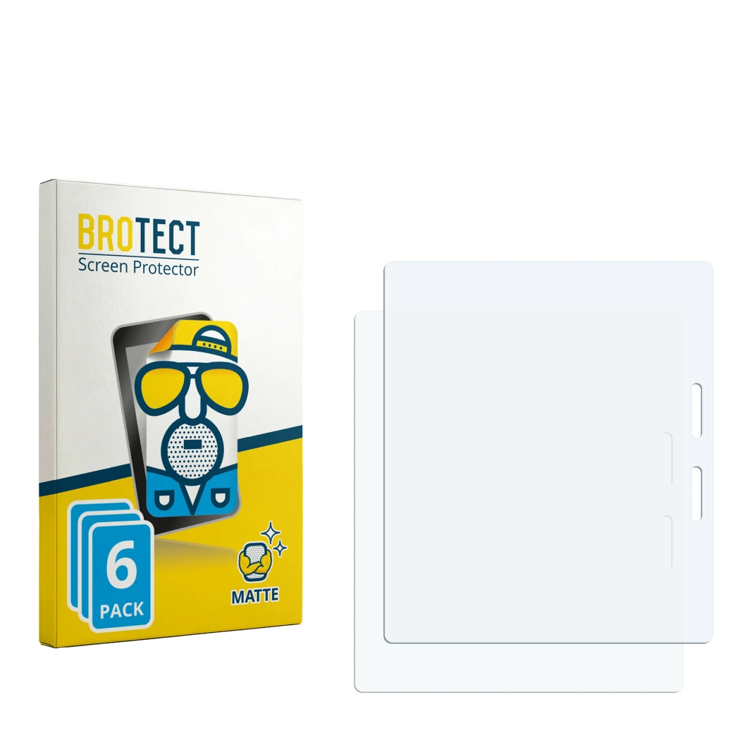 Parte frontal de un envase de producto con el logotipo de la marca BROTECT. Al lado está el protector de pantalla correspondie
