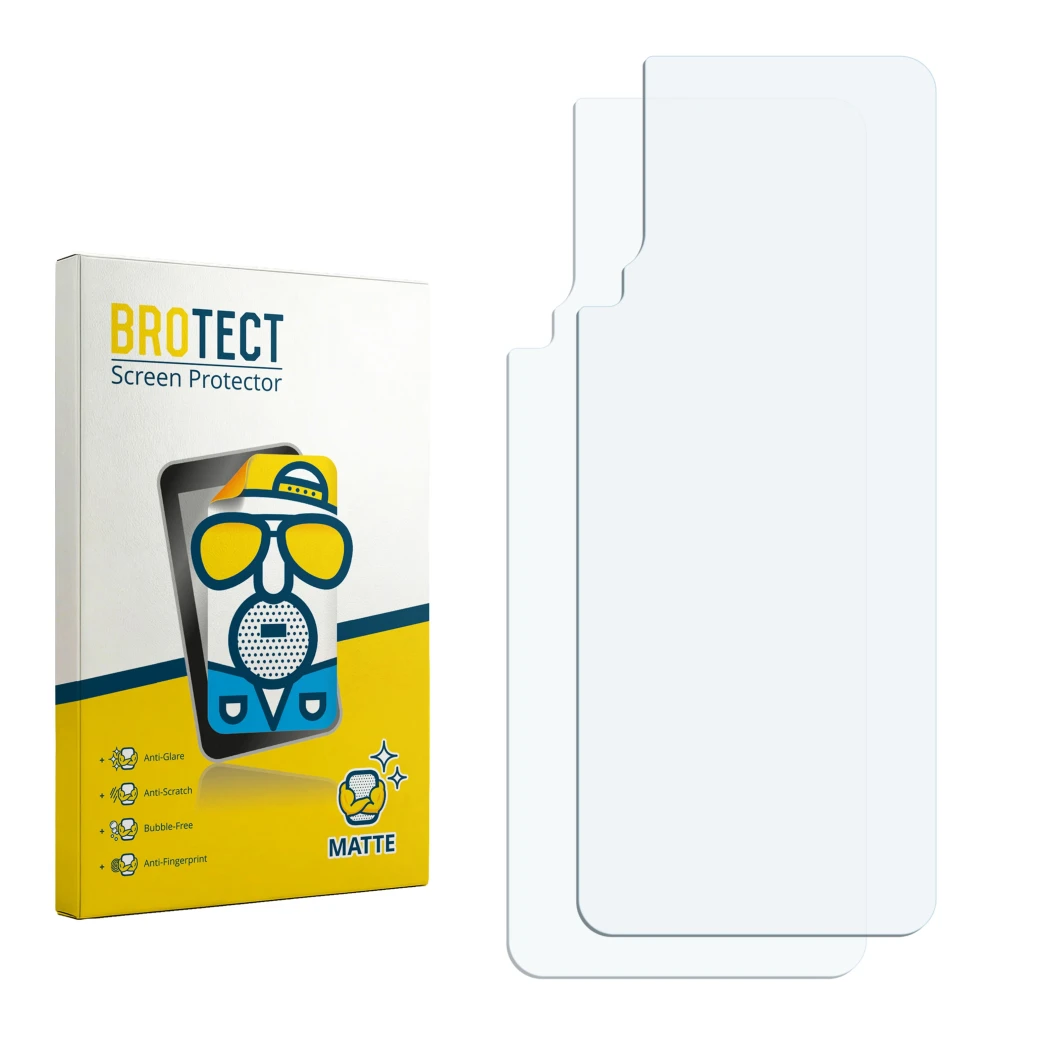 Parte frontal de un envase de producto con el logotipo de la marca BROTECT. Al lado está el protector de pantalla correspondie