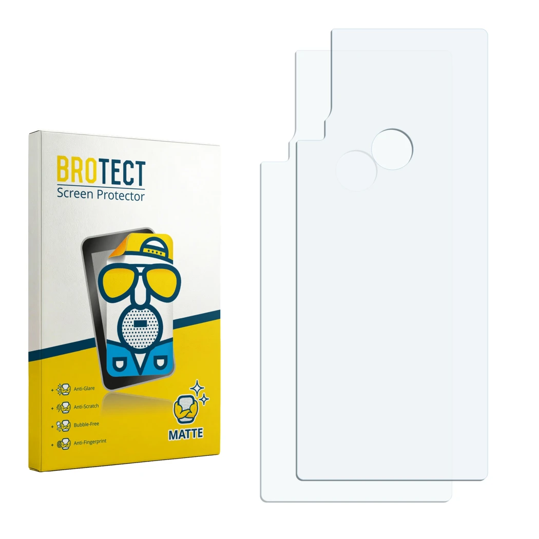 Parte frontal de un envase de producto con el logotipo de la marca BROTECT. Al lado está el protector de pantalla correspondie
