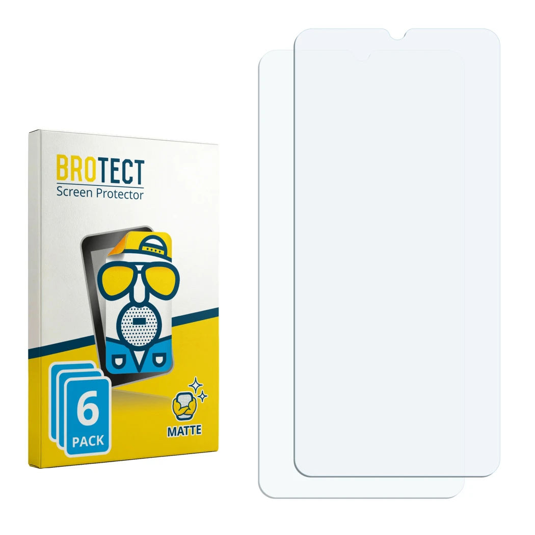 Parte frontal de un envase de producto con el logotipo de la marca BROTECT. Al lado está el protector de pantalla correspondie