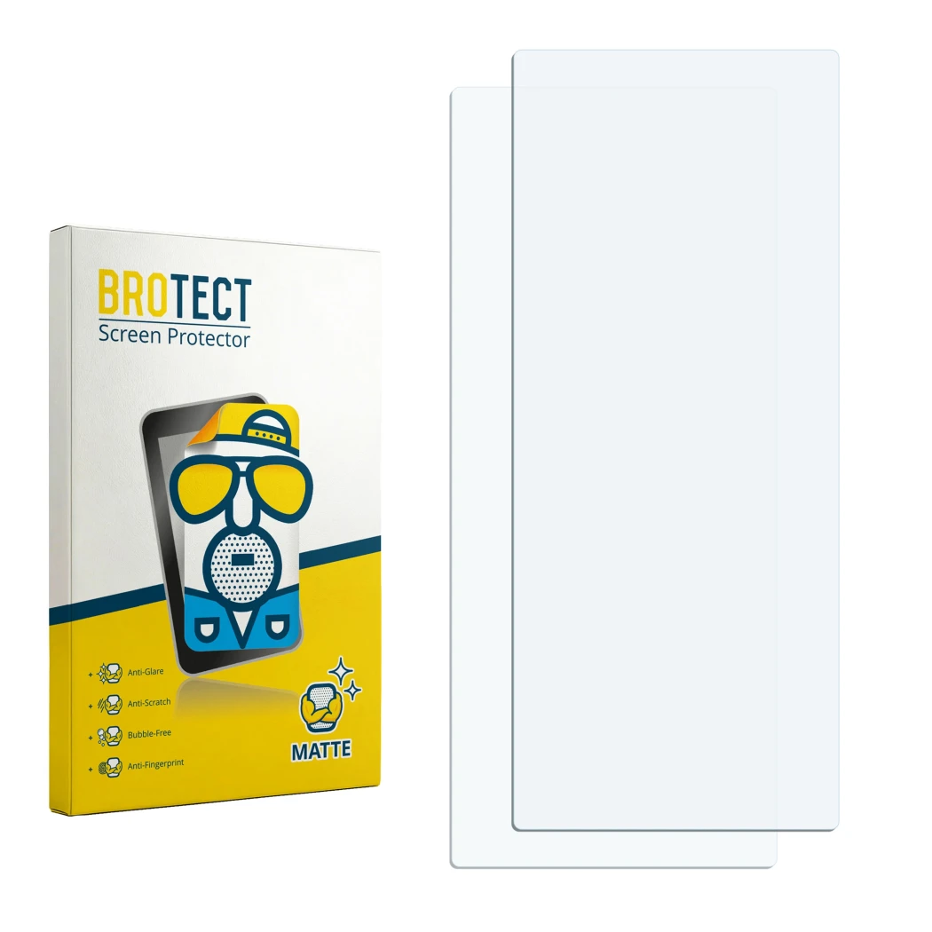 Parte frontal de un envase de producto con el logotipo de la marca BROTECT. Al lado está el protector de pantalla correspondie