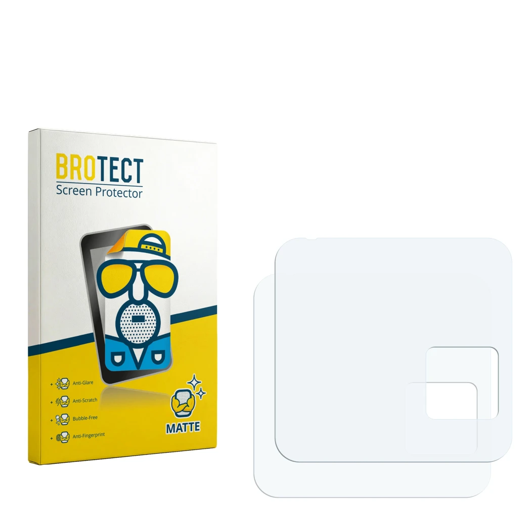 Parte frontal de un envase de producto con el logotipo de la marca BROTECT. Al lado está el protector de pantalla correspondie