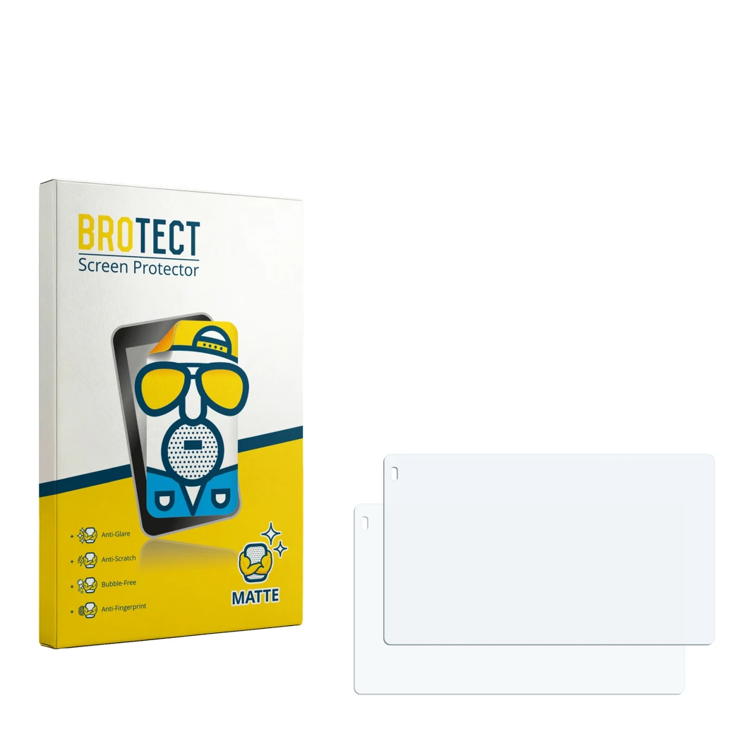 Parte frontal de un envase de producto con el logotipo de la marca BROTECT. Al lado está el protector de pantalla correspondie