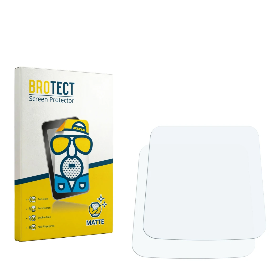 Parte frontal de un envase de producto con el logotipo de la marca BROTECT. Al lado está el protector de pantalla correspondie