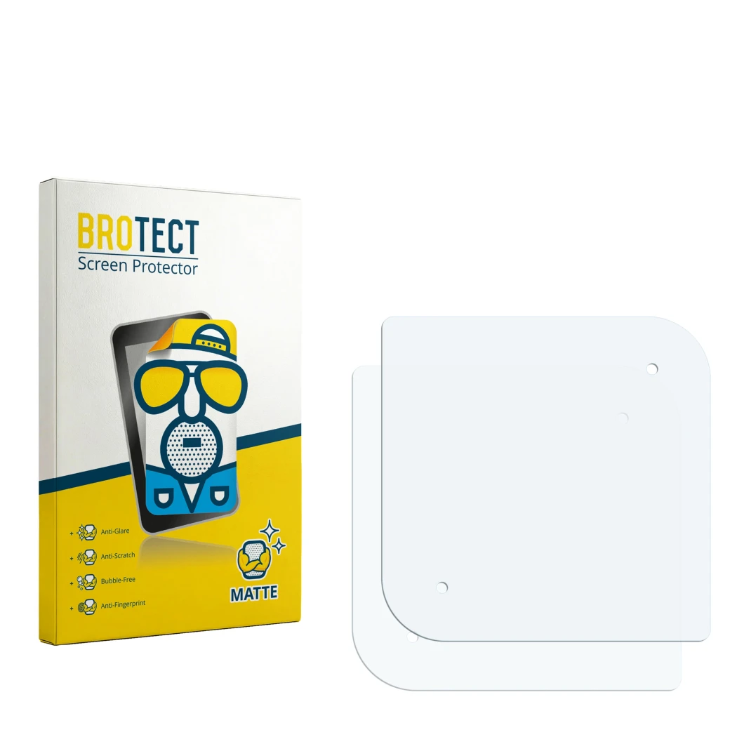 Parte frontal de un envase de producto con el logotipo de la marca BROTECT. Al lado está el protector de pantalla correspondie