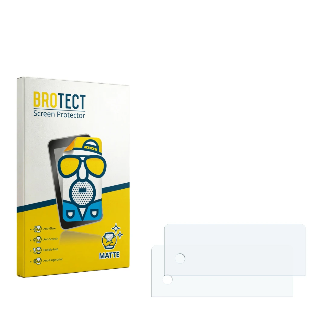 Parte frontal de un envase de producto con el logotipo de la marca BROTECT. Al lado está el protector de pantalla correspondie