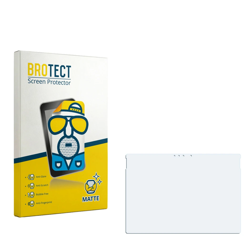 Parte frontal de un envase de producto con el logotipo de la marca BROTECT. Al lado está el protector de pantalla correspondie