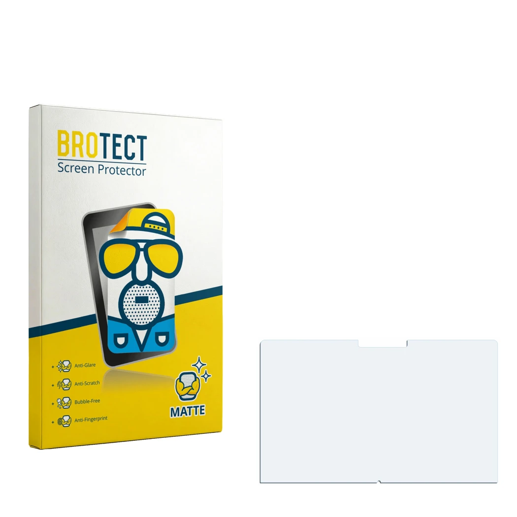 Parte frontal de un envase de producto con el logotipo de la marca BROTECT. Al lado está el protector de pantalla correspondie