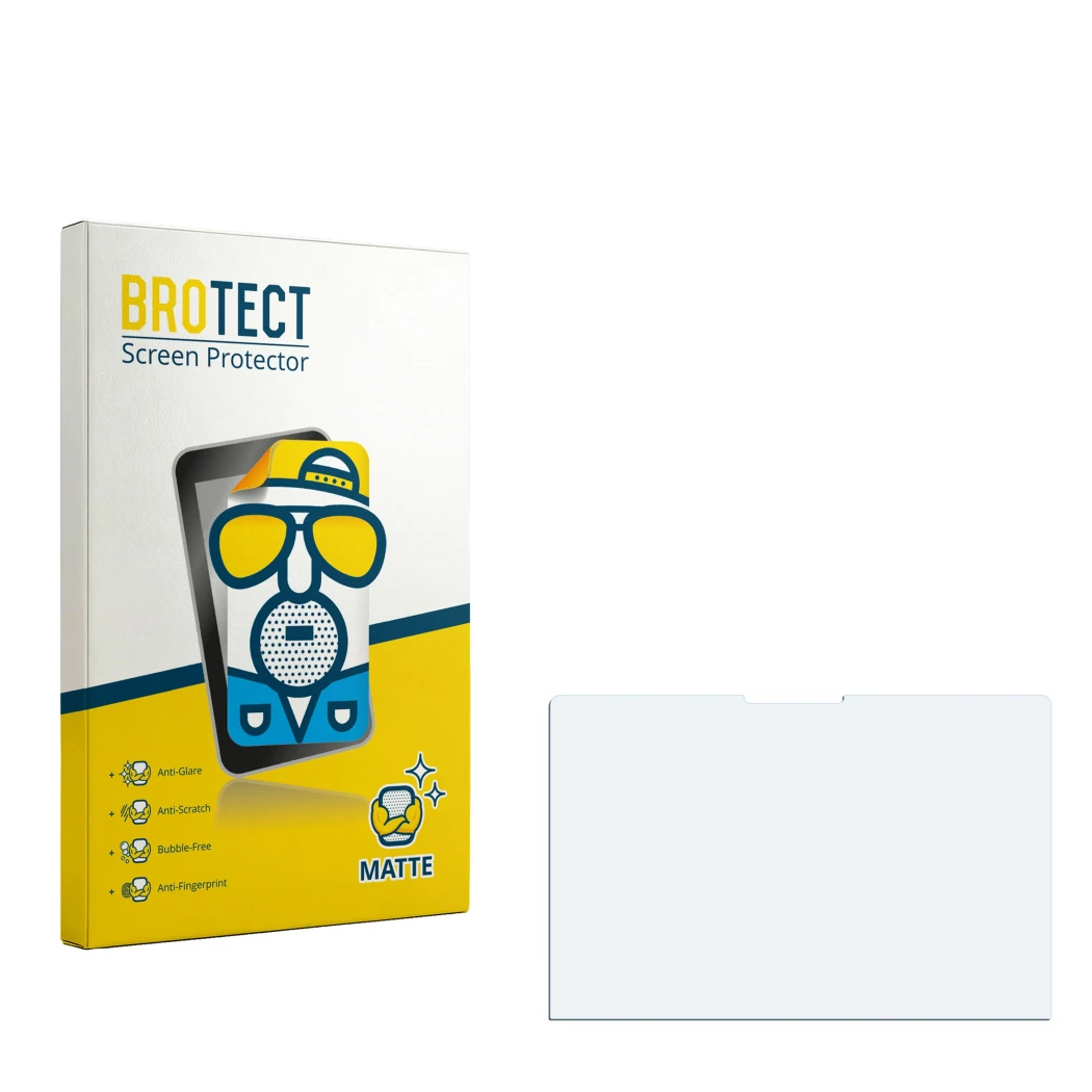 Parte frontal de un envase de producto con el logotipo de la marca BROTECT. Al lado está el protector de pantalla correspondie