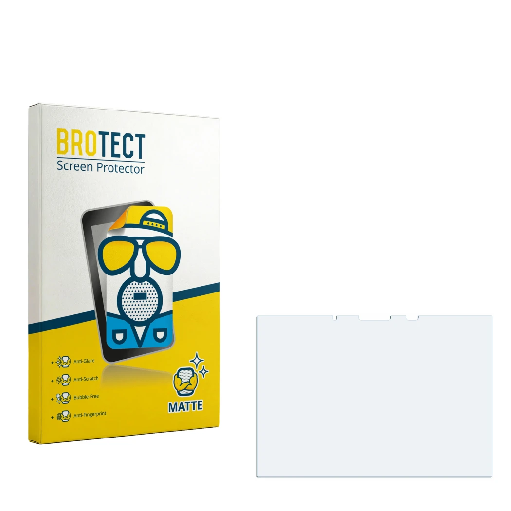 Parte frontal de un envase de producto con el logotipo de la marca BROTECT. Al lado está el protector de pantalla correspondie
