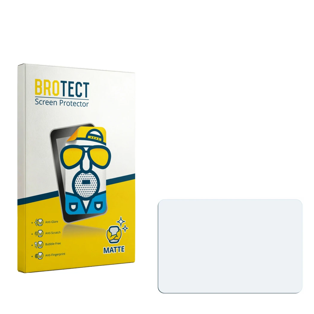 Parte frontal de un envase de producto con el logotipo de la marca BROTECT. Al lado está el protector de pantalla correspondie