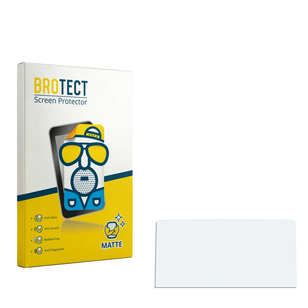 Parte frontal de un envase de producto con el logotipo de la marca BROTECT. Al lado está el protector de pantalla correspondie