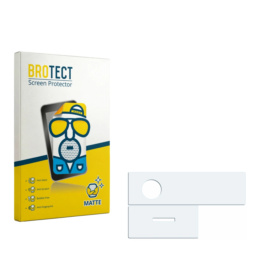 Parte frontal de un envase de producto con el logotipo de la marca BROTECT. Al lado está el protector de pantalla correspondie