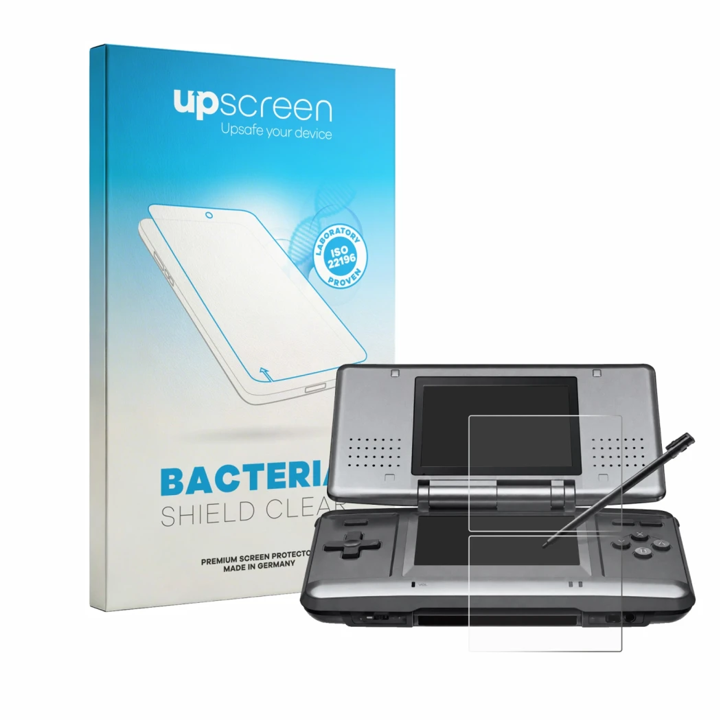 Parte frontal de un envase de producto con el logotipo de la marca upscreen. Al lado se muestra el dispositivo Nintendo DS con