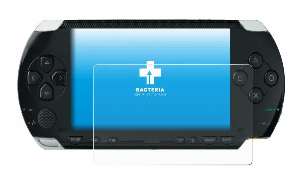 Imagen del dispositivo Sony PSP 1000 con una amplia variedad de protectores de pantalla.