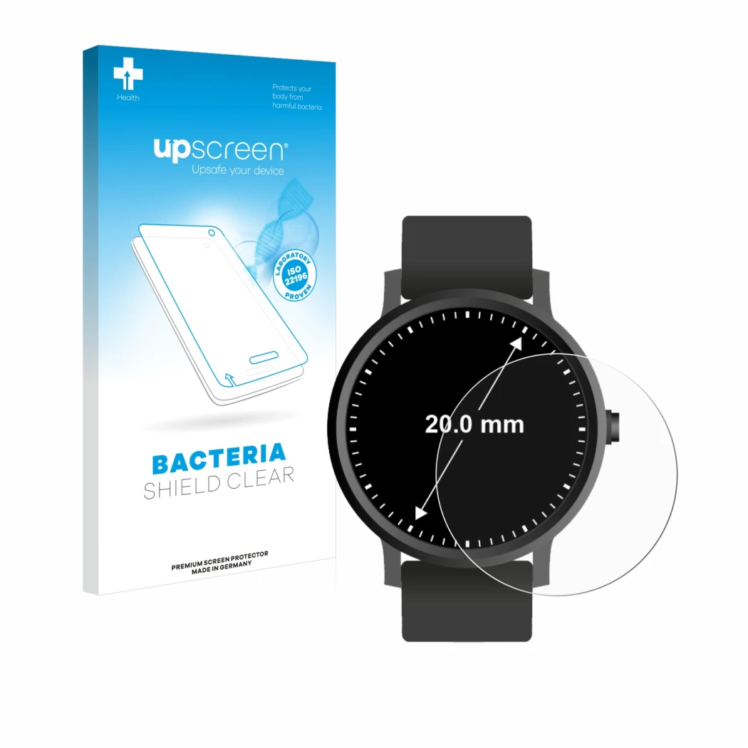Parte frontal de un envase de producto con el logotipo de la marca upscreen. Al lado se muestra el dispositivo Relojes (Circul