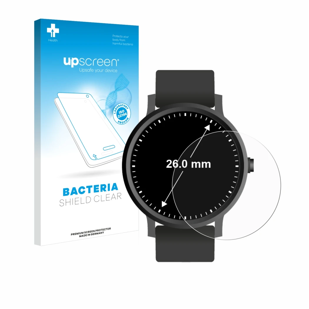 Parte frontal de un envase de producto con el logotipo de la marca upscreen. Al lado se muestra el dispositivo Relojes (Circul