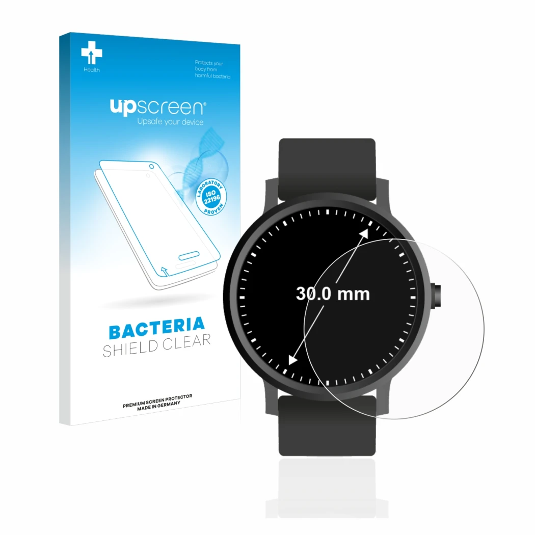 Parte frontal de un envase de producto con el logotipo de la marca upscreen. Al lado se muestra el dispositivo Relojes (Circul