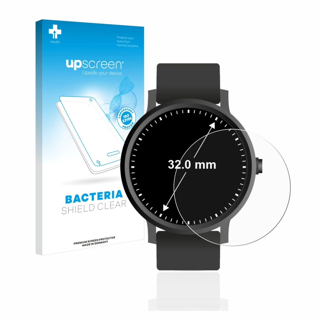 Parte frontal de un envase de producto con el logotipo de la marca upscreen. Al lado se muestra el dispositivo Relojes (Circul