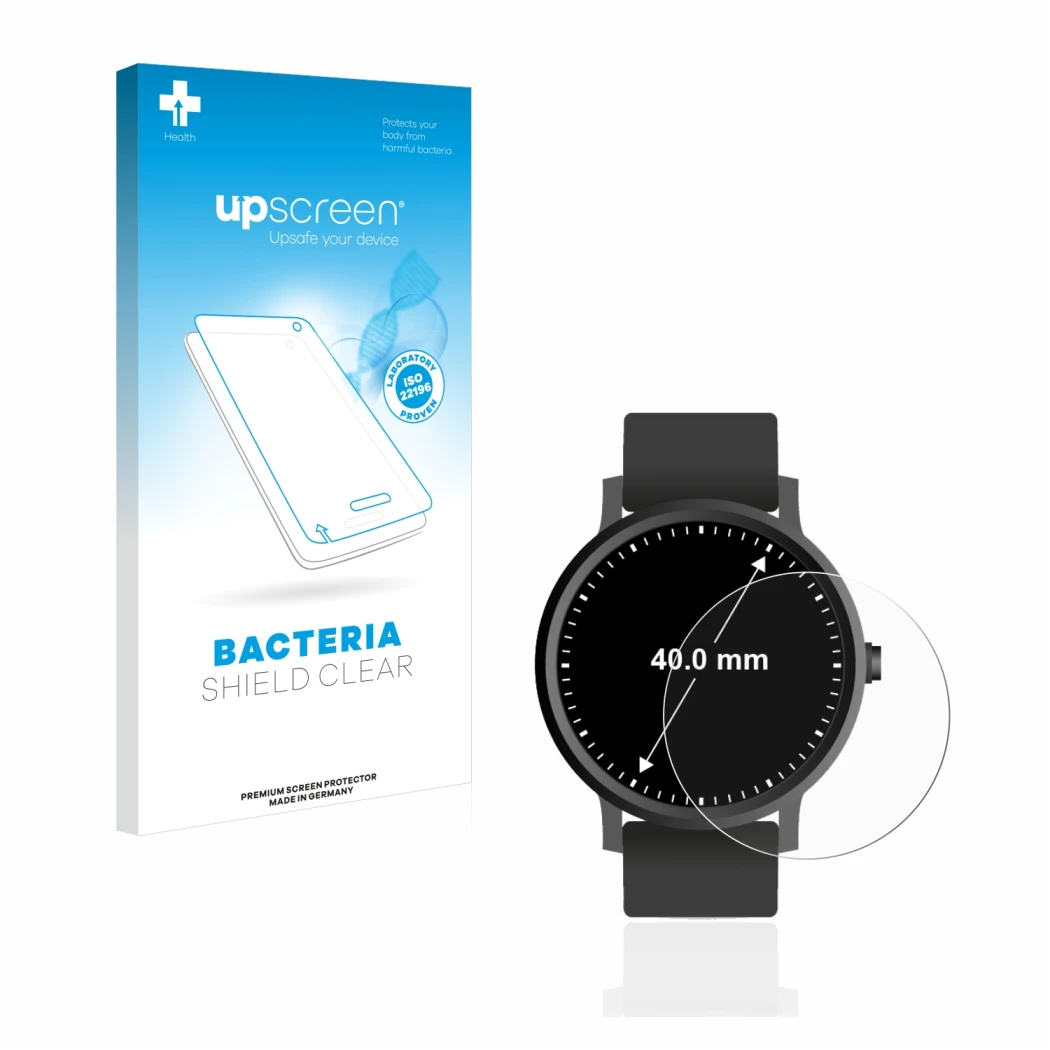 Parte frontal de un envase de producto con el logotipo de la marca upscreen. Al lado se muestra el dispositivo Relojes (Circul