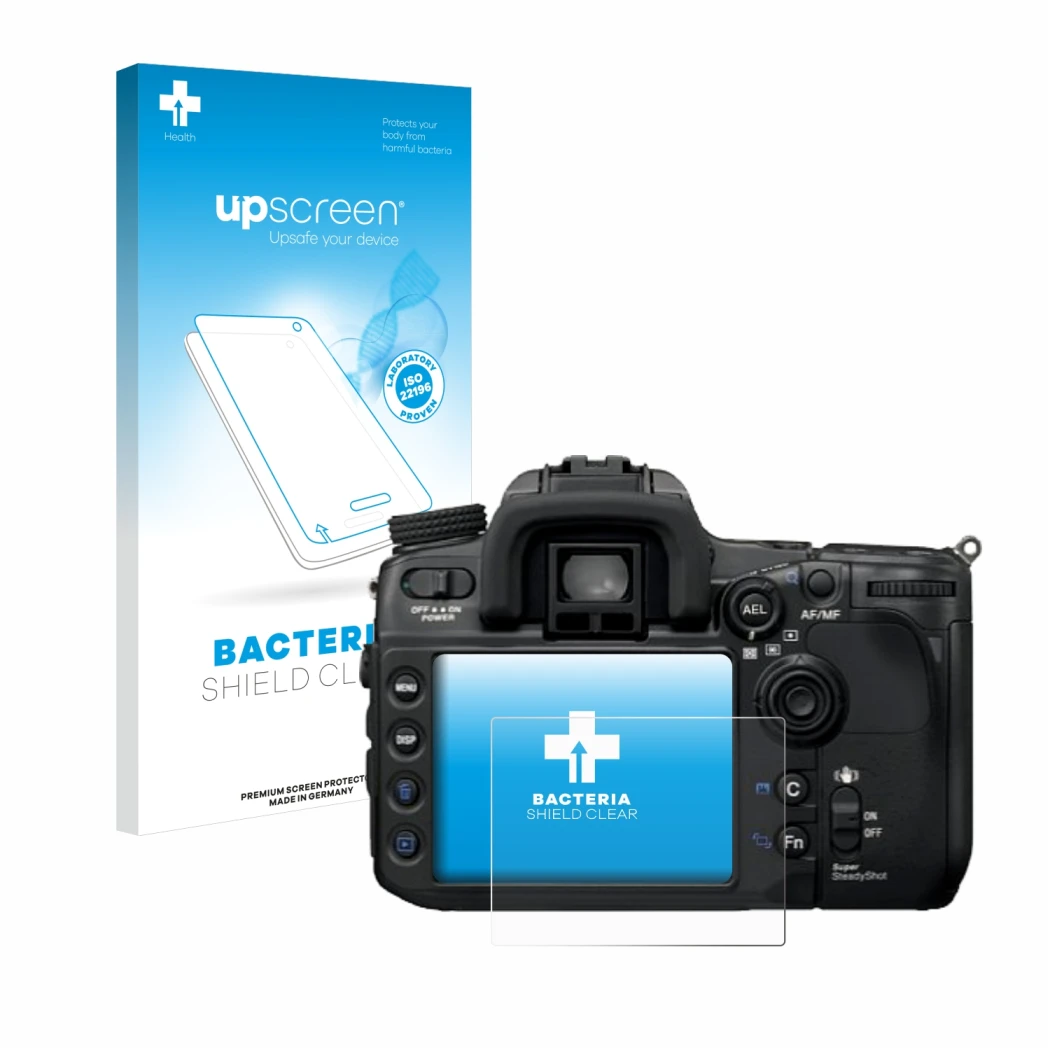 Parte frontal de un envase de producto con el logotipo de la marca upscreen. Al lado se muestra el dispositivo Sony Alpha 700 