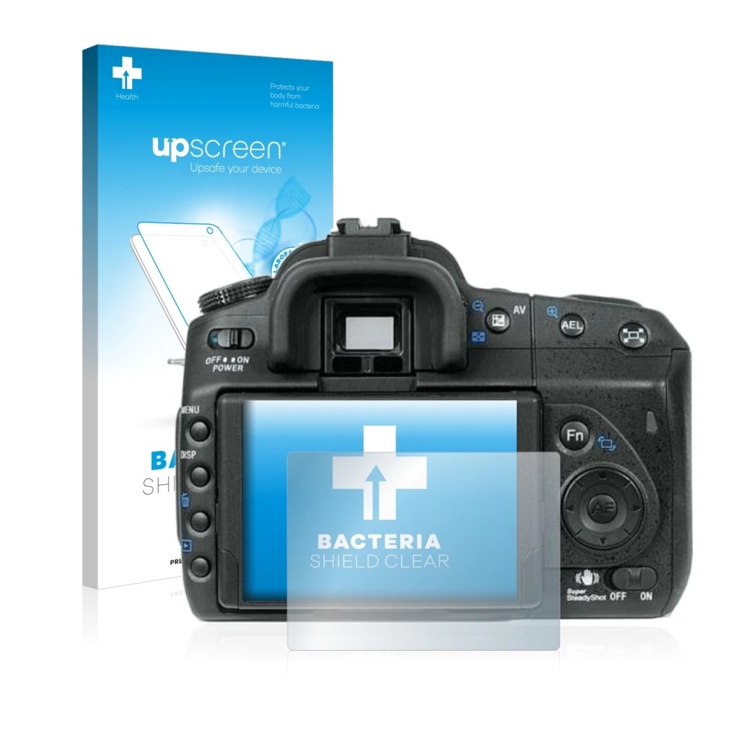 Parte frontal de un envase de producto con el logotipo de la marca upscreen. Al lado se muestra el dispositivo Sony Alpha 350